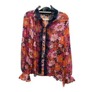 Smak Parlour Womens Sheer Button Down Shirt Long Sleeve Floral Ruffle Size 1X